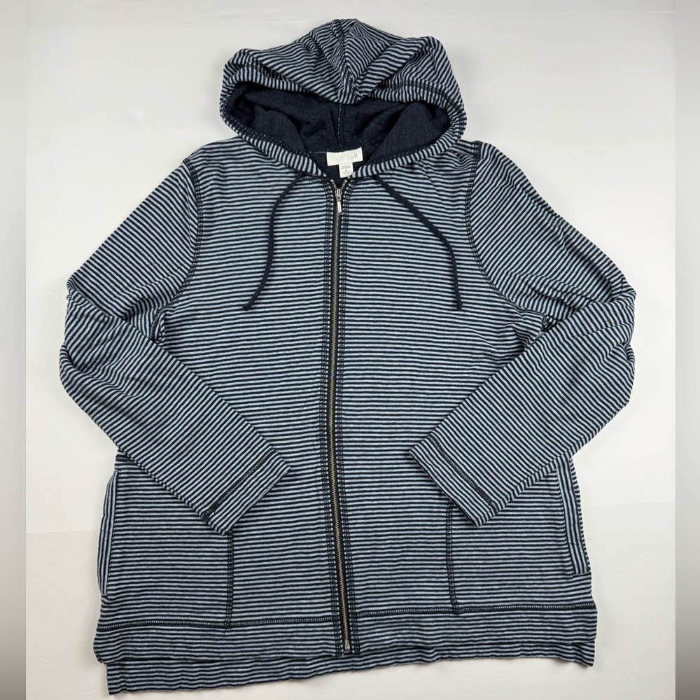 J. Jill Navy and Light Blue Knit Full zip hoodie size medium petite